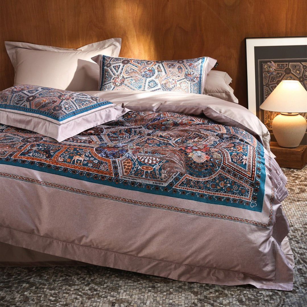 Ornate Mosaic-Print Cotton-Sateen Duvet Cover Ensemble with Solid Sateen Border & Pillow Shams