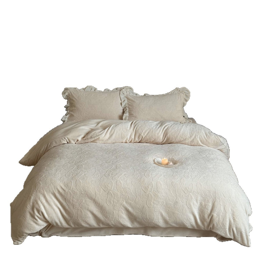 Plush Embossed Butterfly Jacquard Duvet Cover Set with Ruffled Pillow Shams