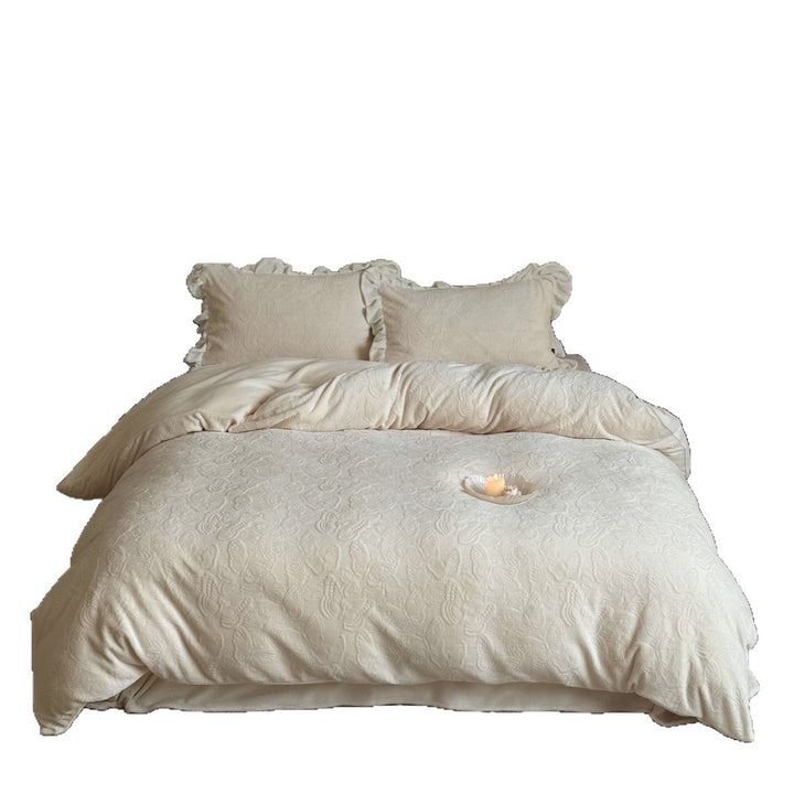 Plush Embossed Butterfly Jacquard Duvet Cover Set with Ruffled Pillow Shams