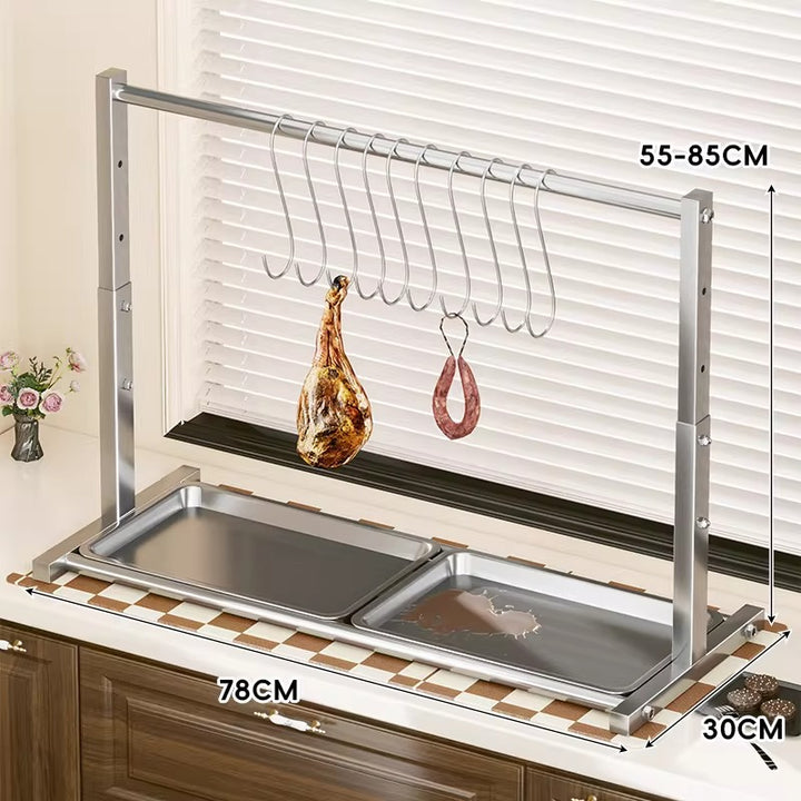 Adjustable Stainless Steel Indoor Meat and Sausage Drying Rack with Removable Drip Tray and Hanging Hooks