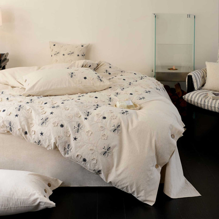 Embroidered Linen-Cotton Butterfly Duvet Cover Set with Button Closure and Decorative Pillowcases