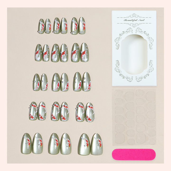 Decorative Press-On Nail Art Set with Koi Fish and Gem Accents Stornfield