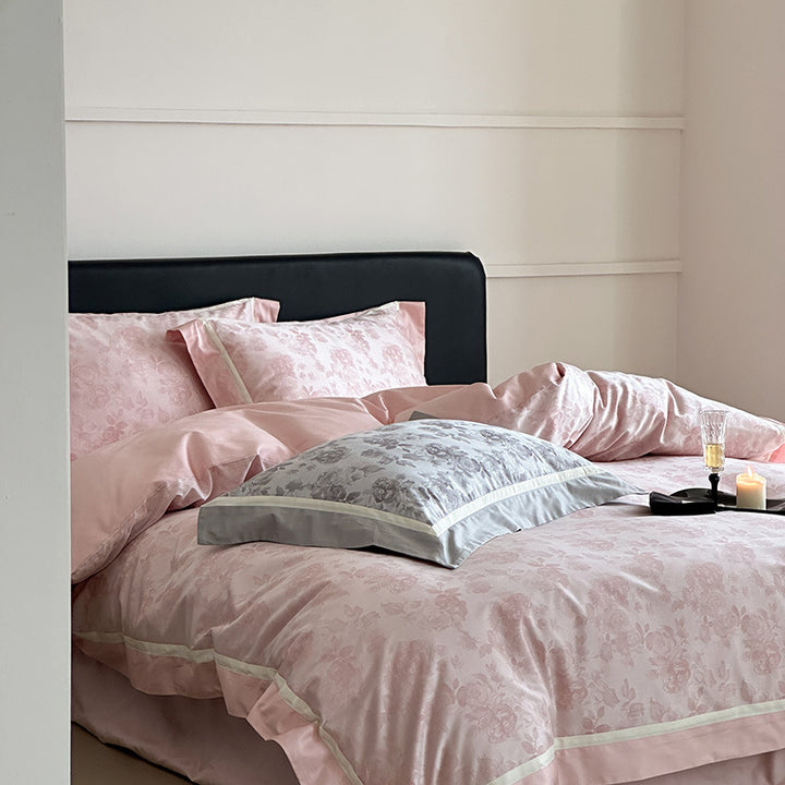 Floral Jacquard Cotton-Sateen Duvet Cover Set with Contrast Hem and Pillow Shams