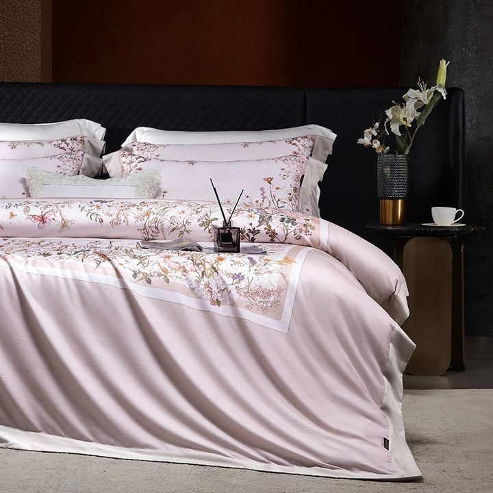 Luxe Satin-Feel Floral Center-Panel Duvet Cover Set with Rolled Bolster & Euro Shams