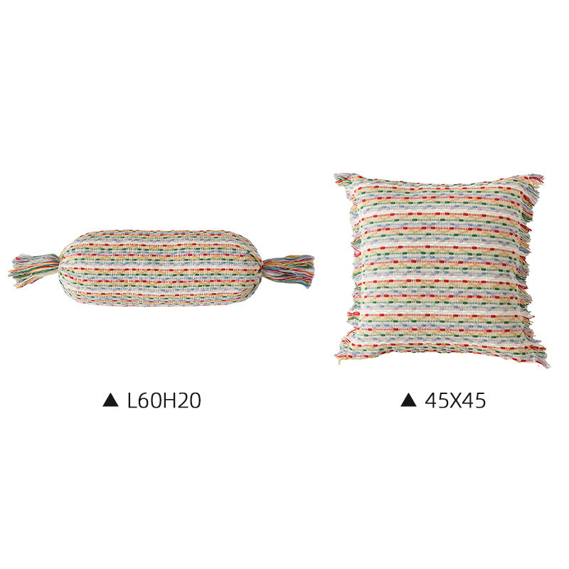 Cozy cushion set made of woven cotton blend with cylindrical roll and tassels Stornfield