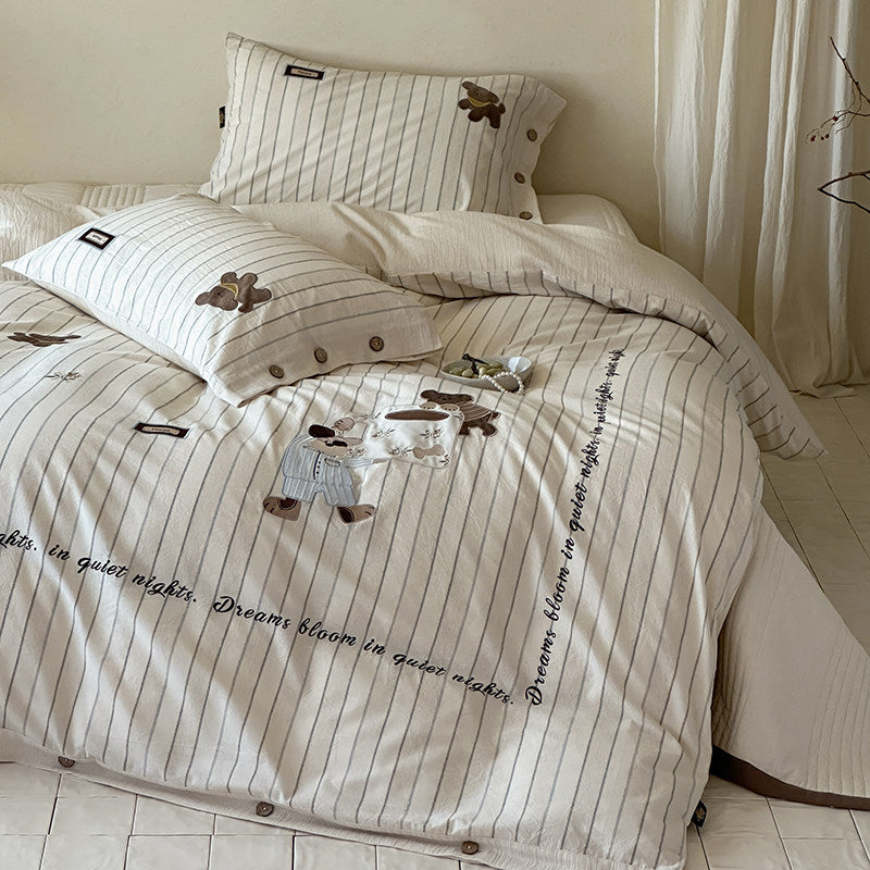 Playful Teddy Appliqué Striped Cotton-Linen Duvet Cover Set