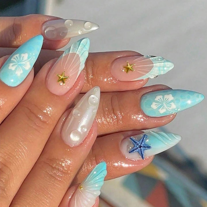Artificial nail set with sea motifs and 3D accents Stornfield