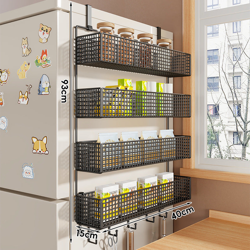 Over-Refrigerator Vertical Hanging Mesh Storage Rack with Deep Baskets and Hook Rail