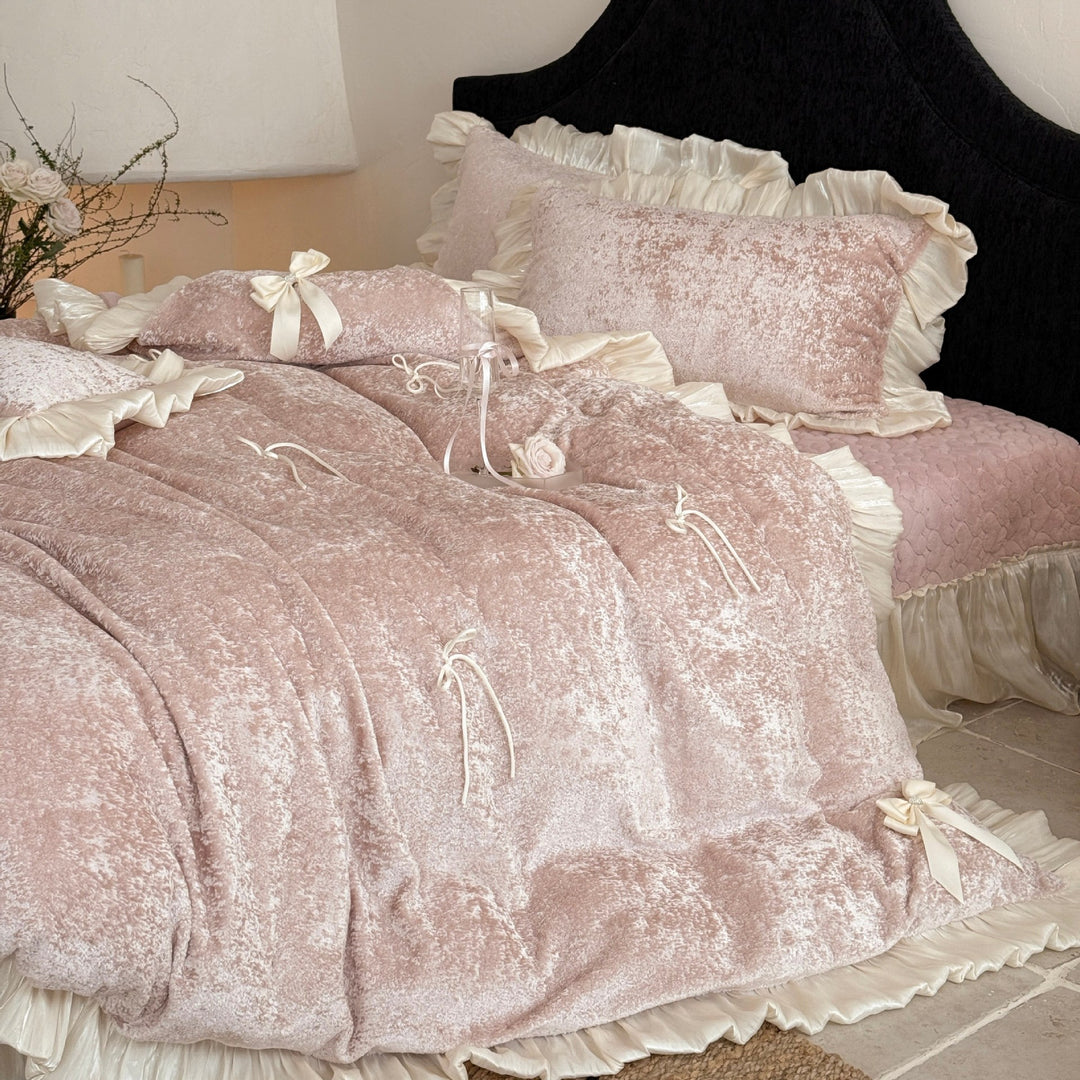Luxury Crushed Velvet Ruffled Duvet Cover Set with Satin Bows