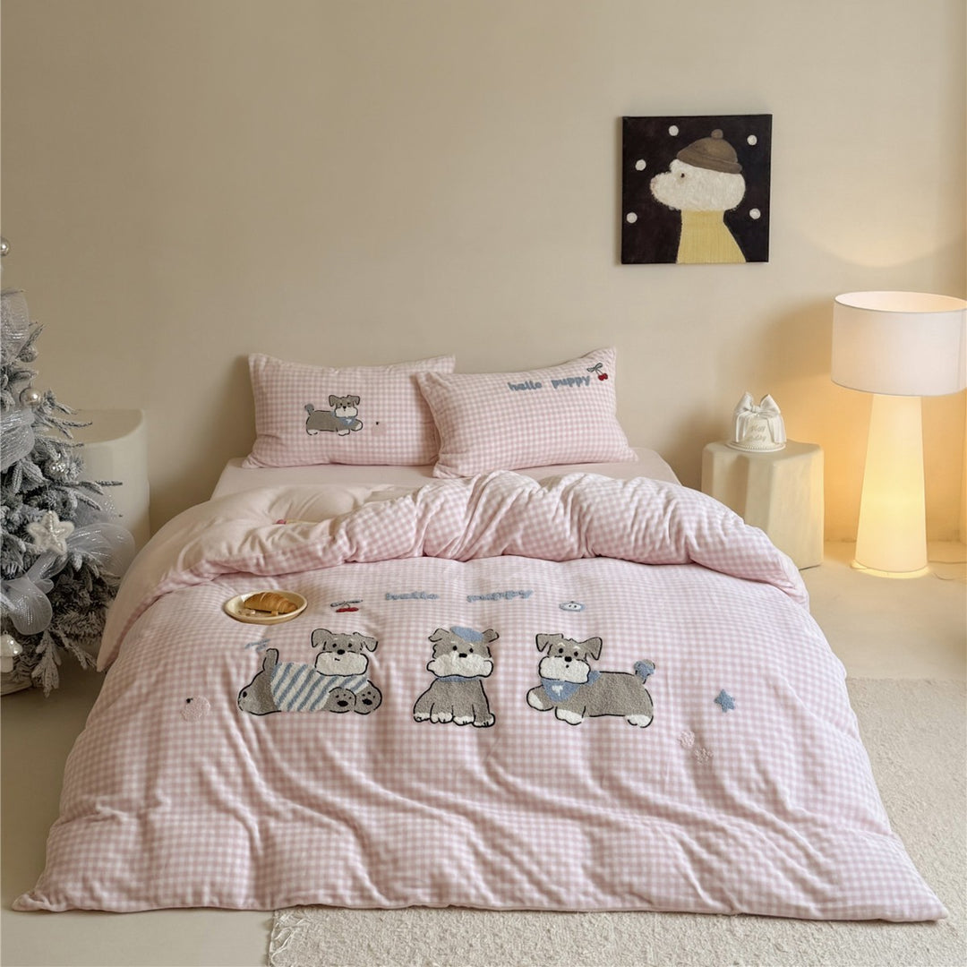 Children's Embroidered Gingham Puppy Duvet Cover Set with Pillow Shams