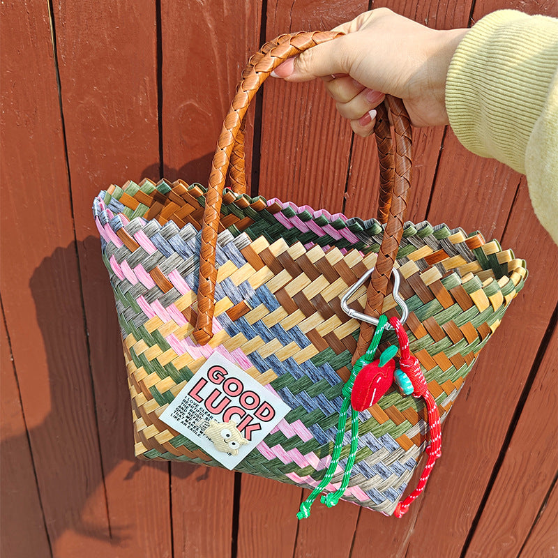 Handcrafted basket bag with colorful animal design Stornfield