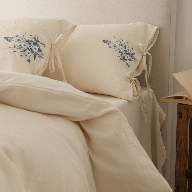 Cotton-Linen Embroidered Duvet Cover Set with Tie-Closure Pillowcases