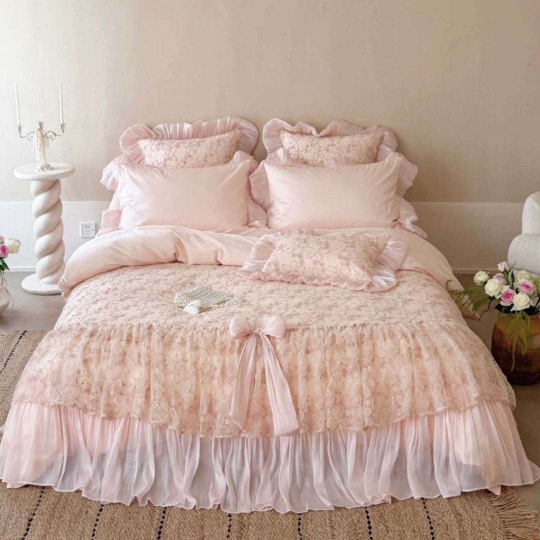 Ruffled Lace-Overlay Romantic Bedspread and Duvet Cover Set with Decorative Bow