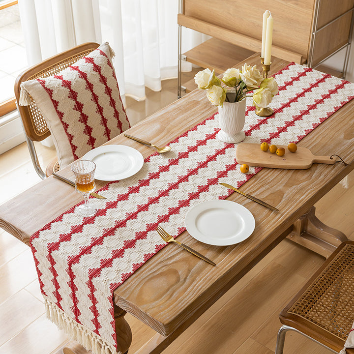 Handwoven Cotton Table Runner with Red Geometric Heart Stripe and Knotted Tassel Fringe