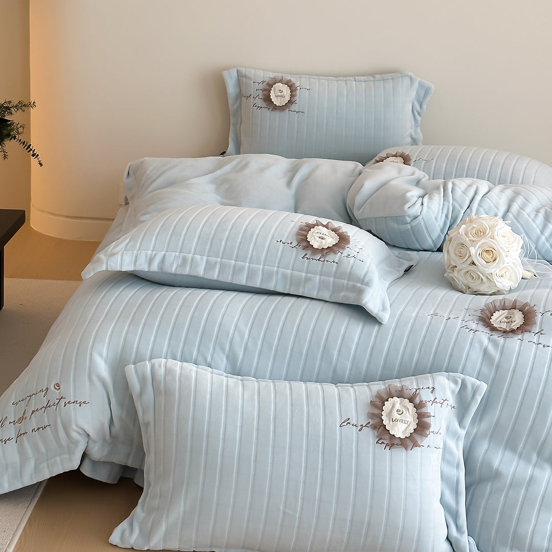 Quilted Sateen Duvet Cover Bedding Set with Appliqué Rosette & Embroidered Script