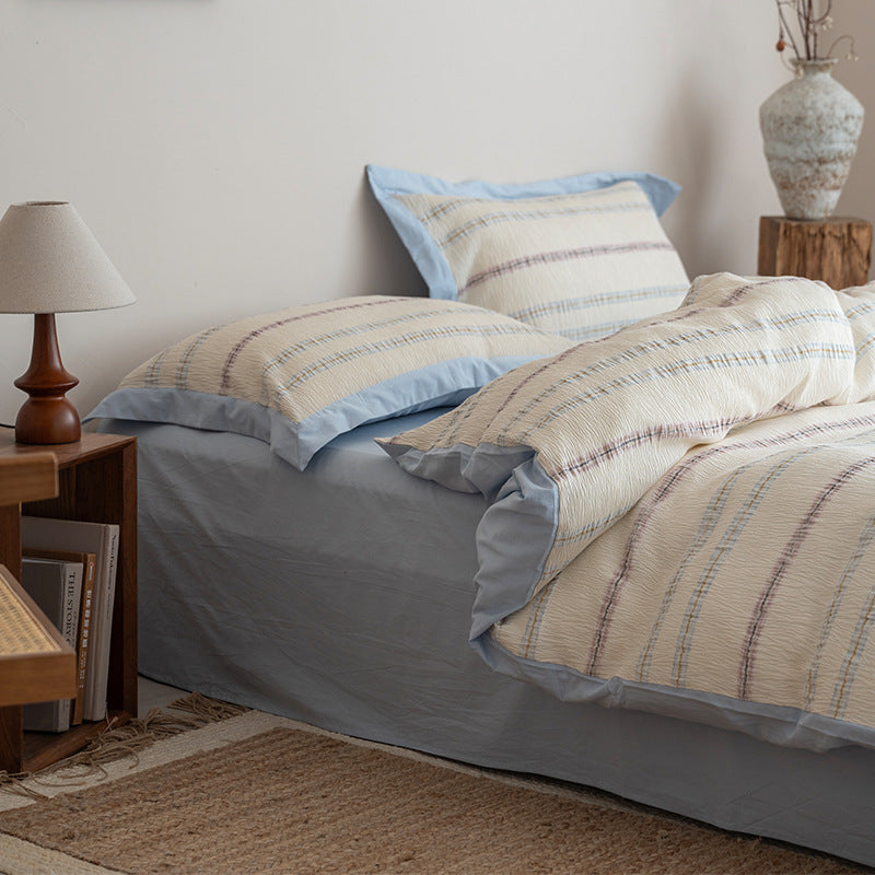 Textured Quilted Duvet Cover Set with Striped Woven Panel and Envelope Shams