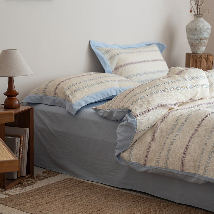 Textured Quilted Duvet Cover Set with Striped Woven Panel and Envelope Shams