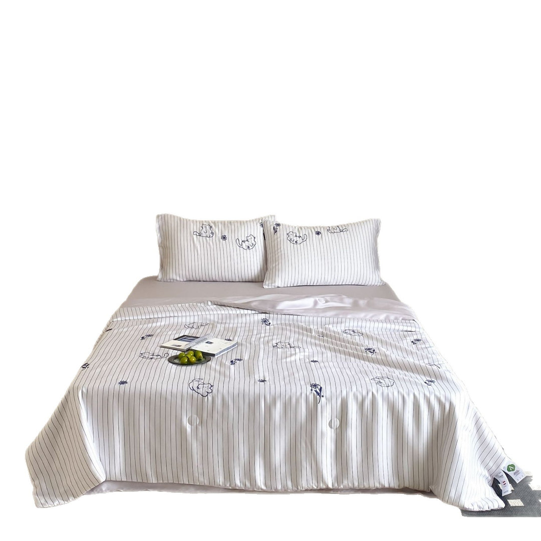 Cotton satin bed sheet and pillowcase set with fine pinstripe and subtle embroidery