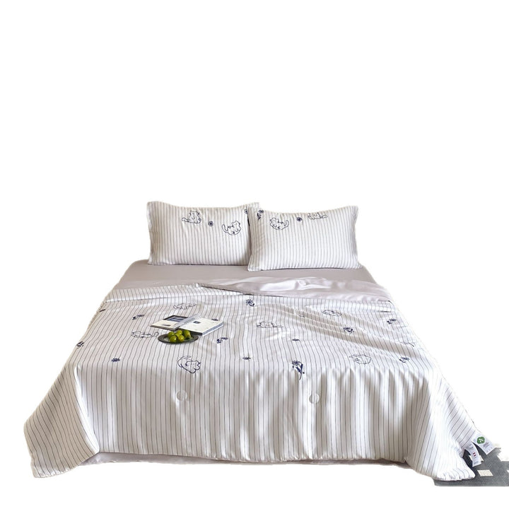Cotton satin bed sheet and pillowcase set with fine pinstripe and subtle embroidery