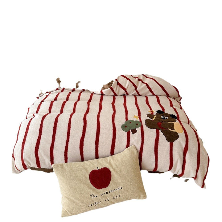 Plush Reversible Striped Duvet Cover Set with Embroidered Cartoon Appliqué
