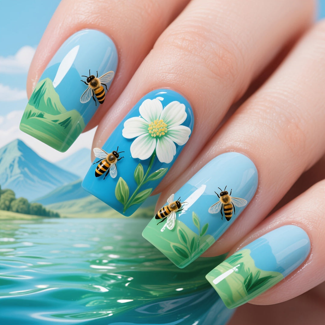 Artificial nails with floral and bee motifs Stornfield