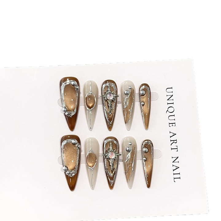 Artistic Press-On Nail Design Set with Unique Gemstone Accents