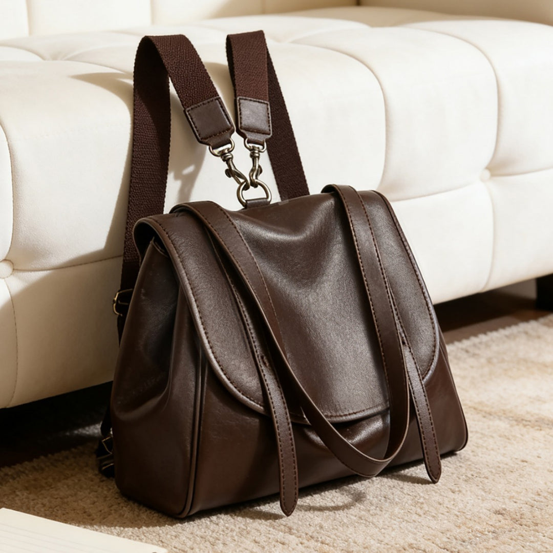 Convertible Smooth Leather Flap Tote Backpack with Detachable Webbing Straps