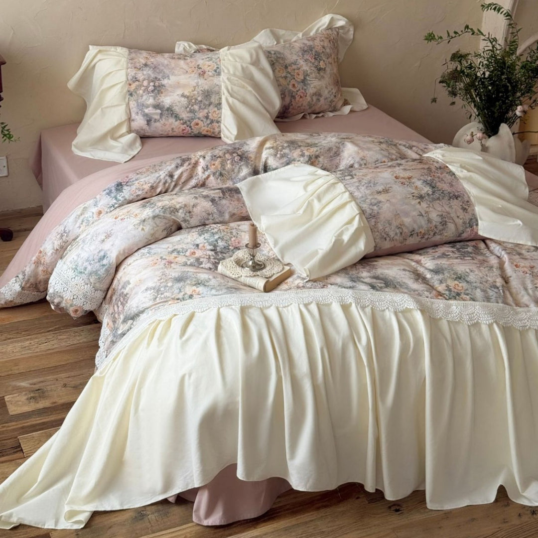 Romantic bedding set with ruffles and satin bed skirt