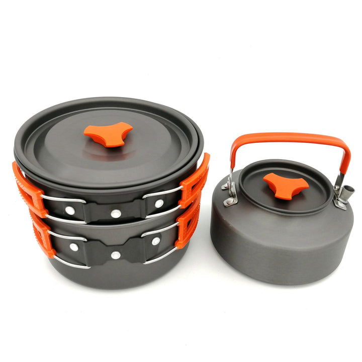 lightweight non-stick nesting camping cookware set with folding handles compact kettle pot pan and folding cutlery Stornfield