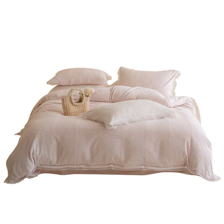 Quilted Wave-Textured Duvet Cover Set with Lace-Trim Shams