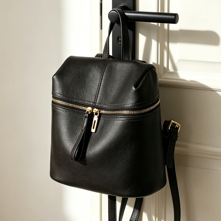Small Structured Pebbled Leather Mini Backpack with Front Zip Pocket and Top Handle