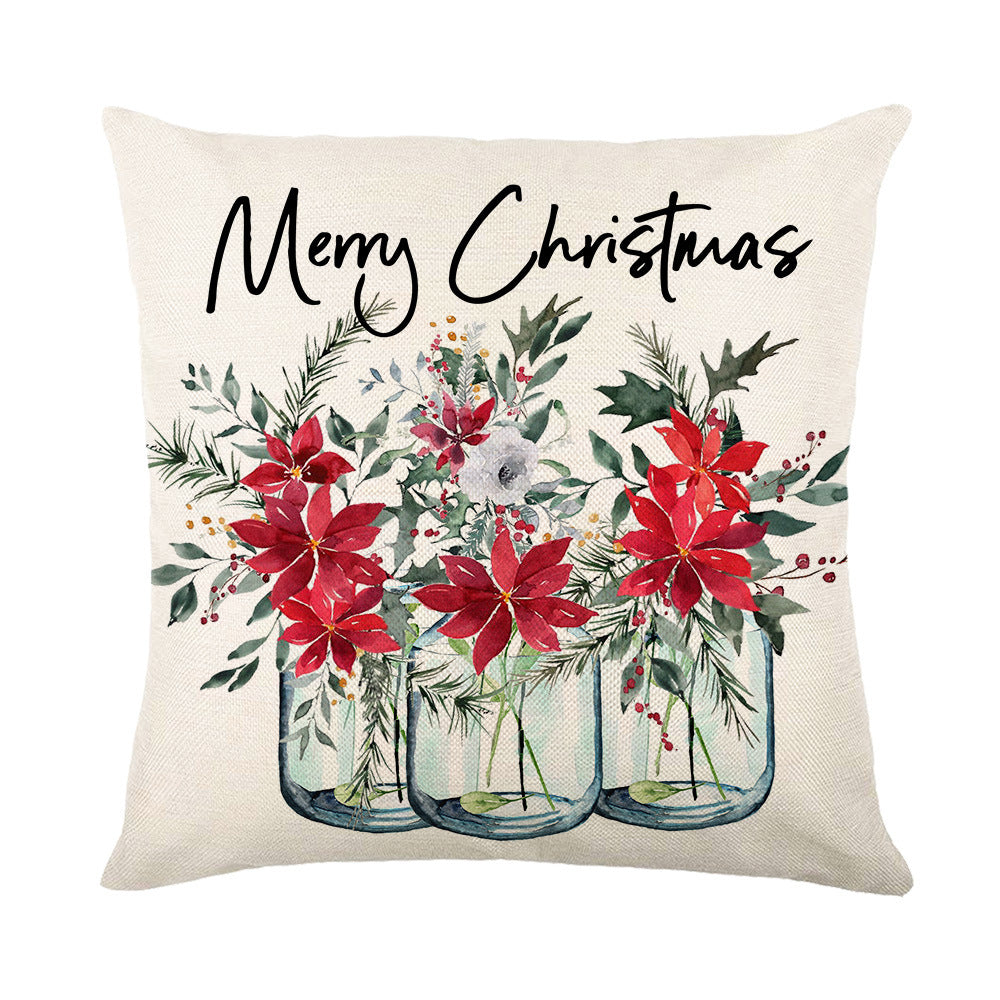 Holiday Linen Throw Pillow Cover with Merry Bright Script and Ribbon Bow Accent