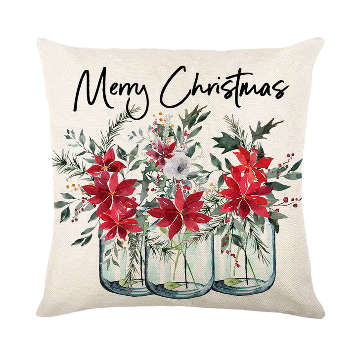 Holiday Linen Throw Pillow Cover with Merry Bright Script and Ribbon Bow Accent