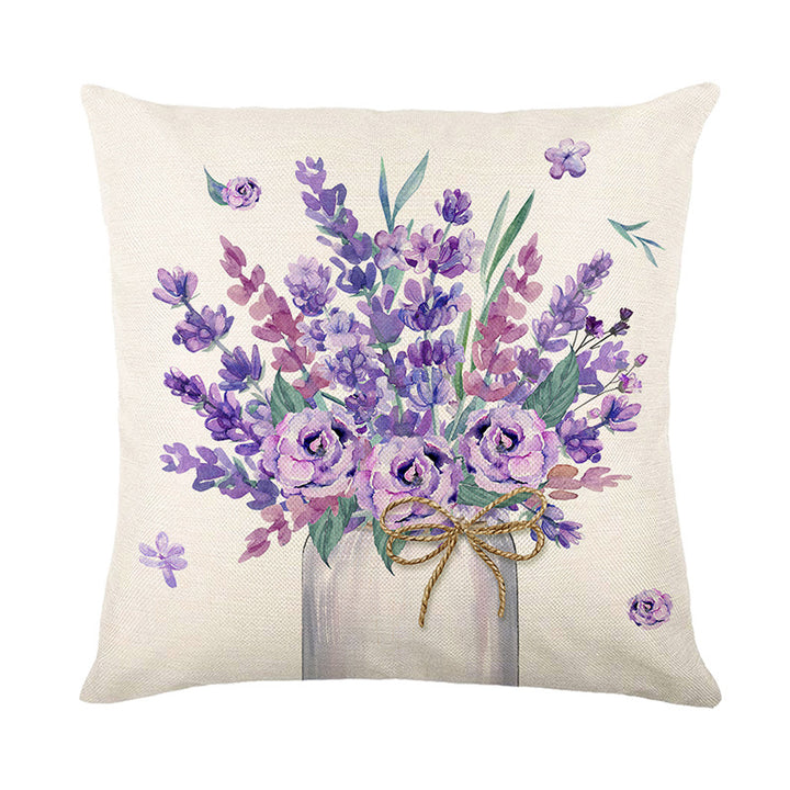 Decorative Floral Linen Throw Pillow Cover with Painted Bouquet Print