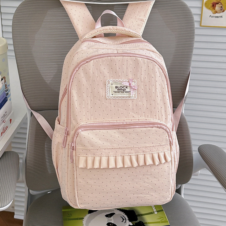 Polka Dot Patterned Backpack with Ruffle Accents Stornfield