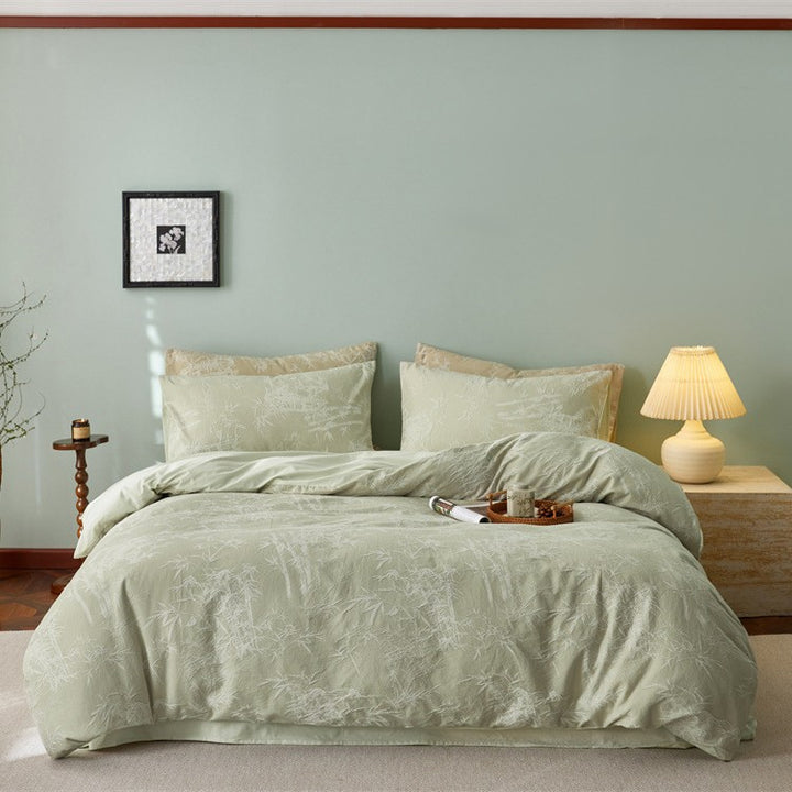 Luxurious cotton satin bedding set with discreet bamboo print and reversible feature