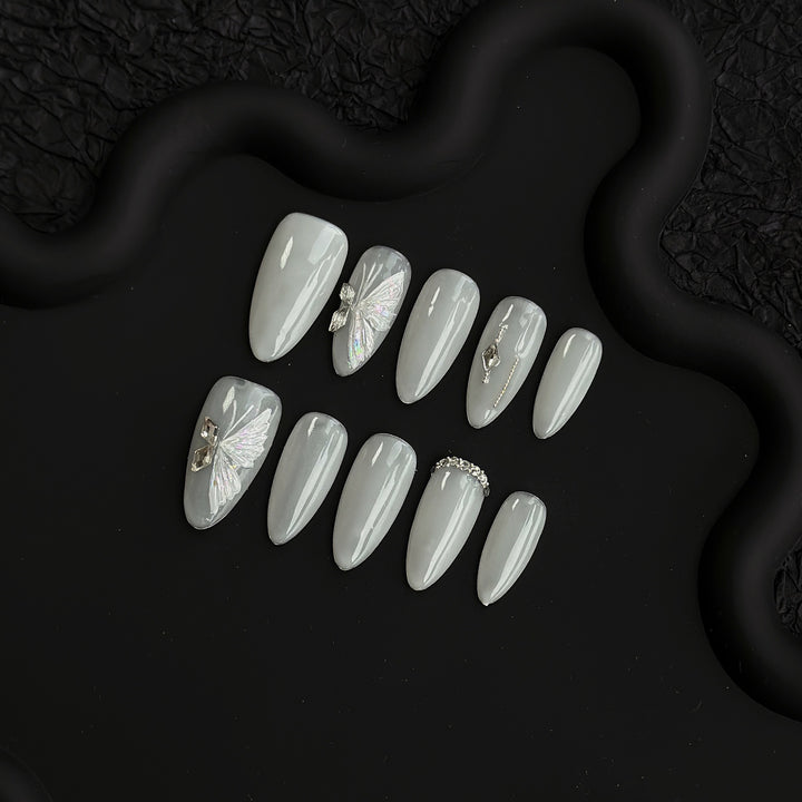Artistic Press-On Nail Set with Elegant Butterfly and Gem Accents