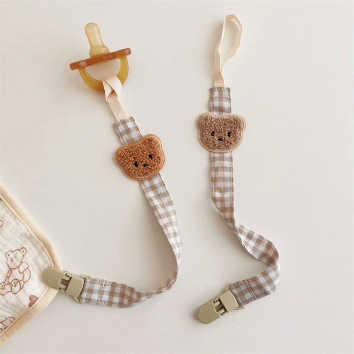 Gingham Cotton Pacifier and Teether Clip with Embroidered Bear Applique