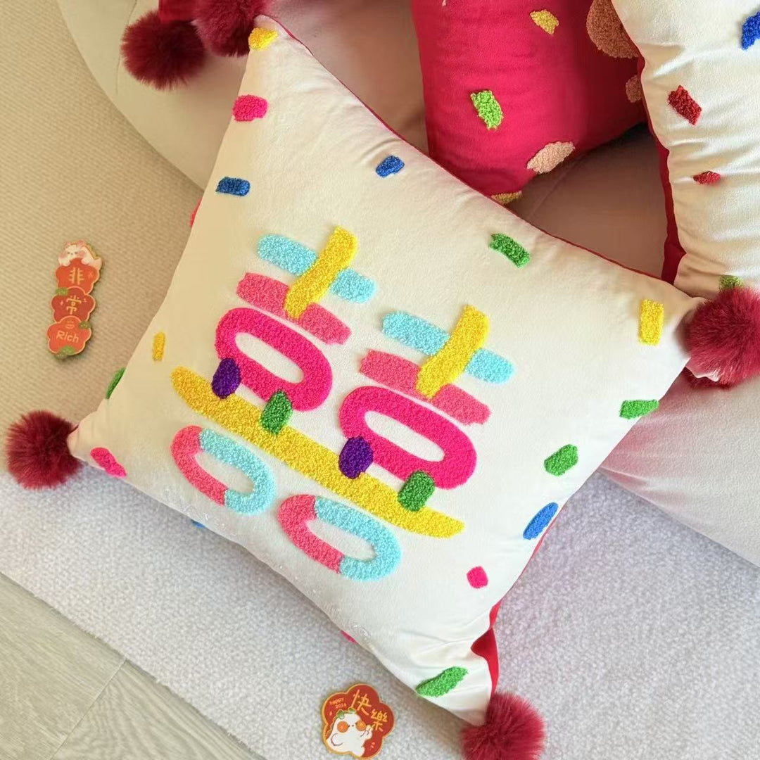 Colorful Chenille Tufted Square Throw Pillow with Plush Pom-Pom Corners and Removable Insert
