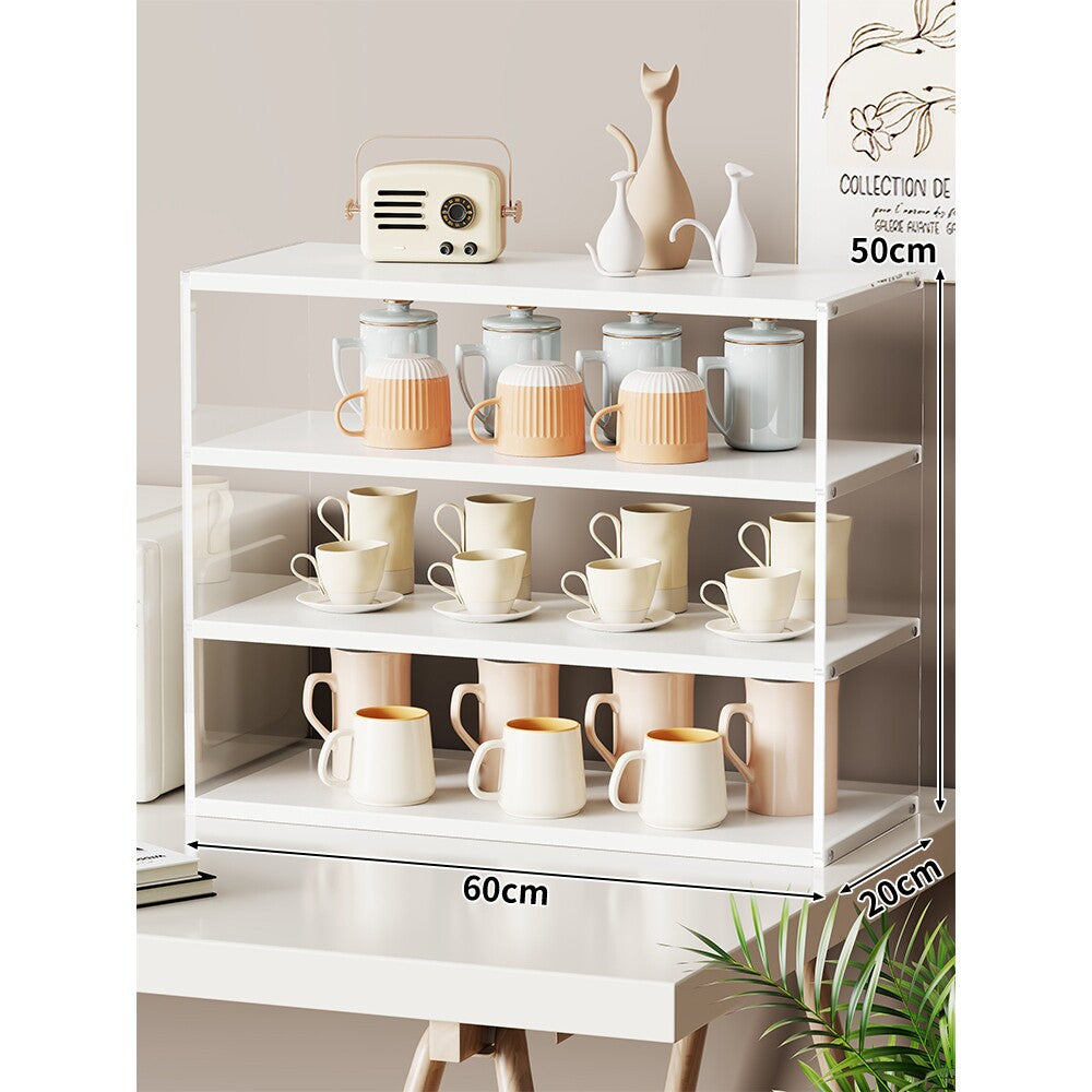 Compact Multi-Level Countertop Cup and Mug Display Shelf with Bamboo Shelves and Transparent Sides