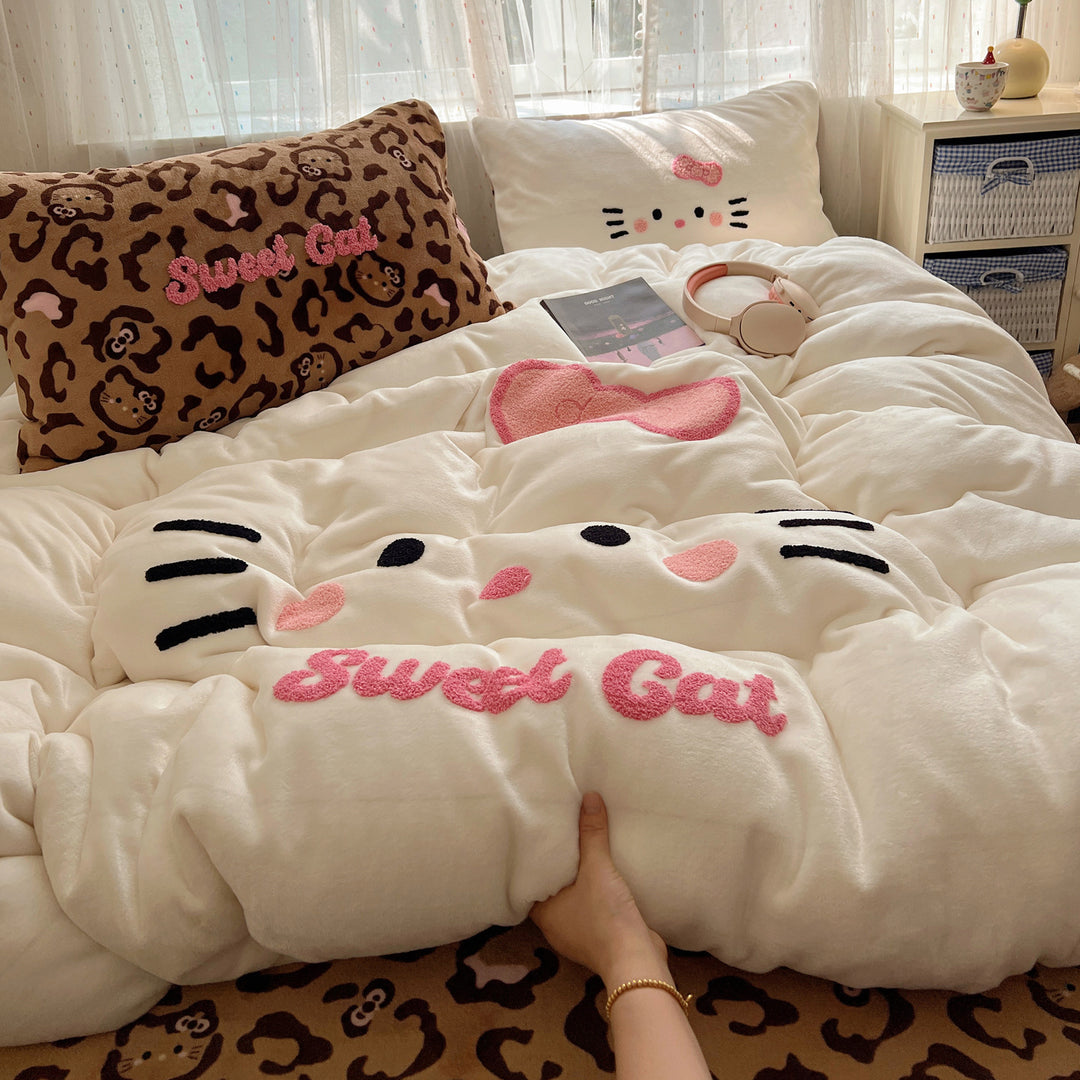 Plush Embroidered Kawaii Cat Comforter Set