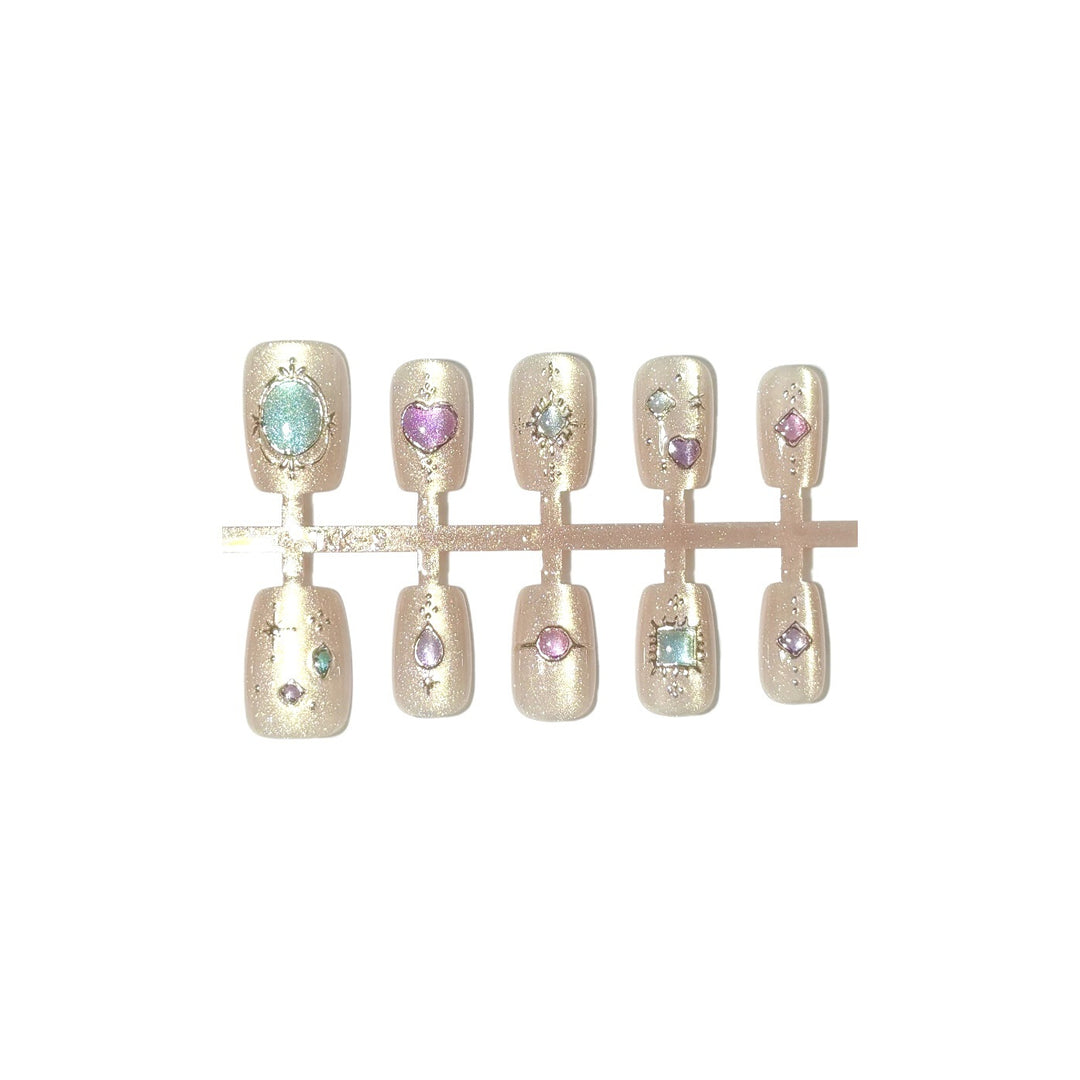 Decorative Press-On Nail Set with Gemstone Accents