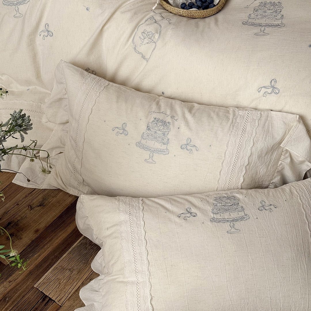 Embroidered Linen Ruffled Duvet Cover Set with Lace Trim and Decorative Bolster