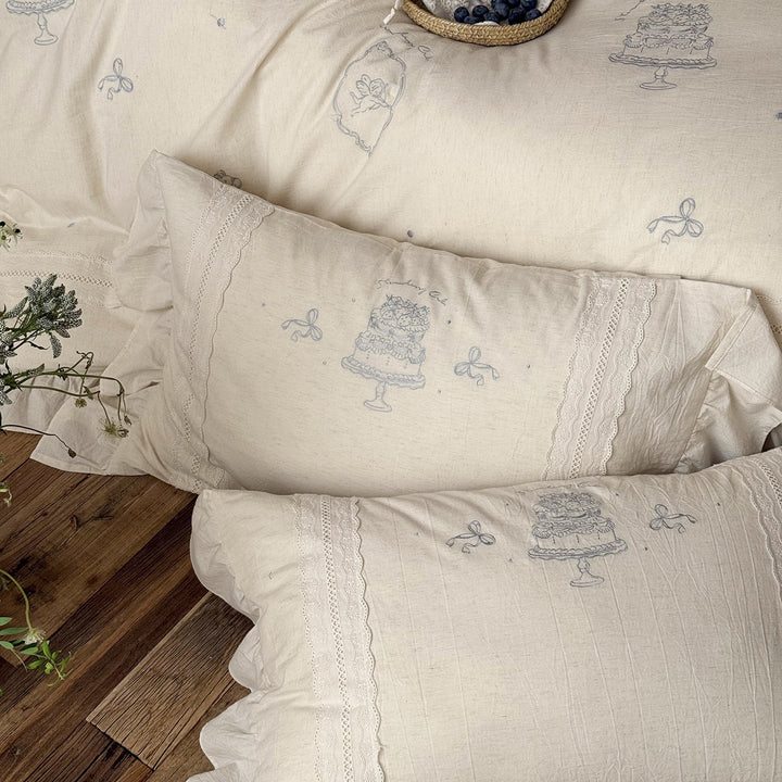 Embroidered Linen Ruffled Duvet Cover Set with Lace Trim and Decorative Bolster