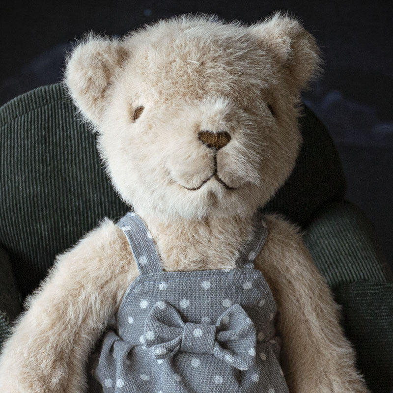 Handcrafted Luxury Plush Teddy Bear with Polka Dot Linen Dress