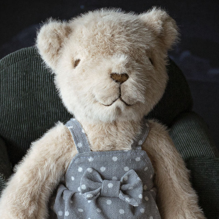 Handcrafted Luxury Plush Teddy Bear with Polka Dot Linen Dress