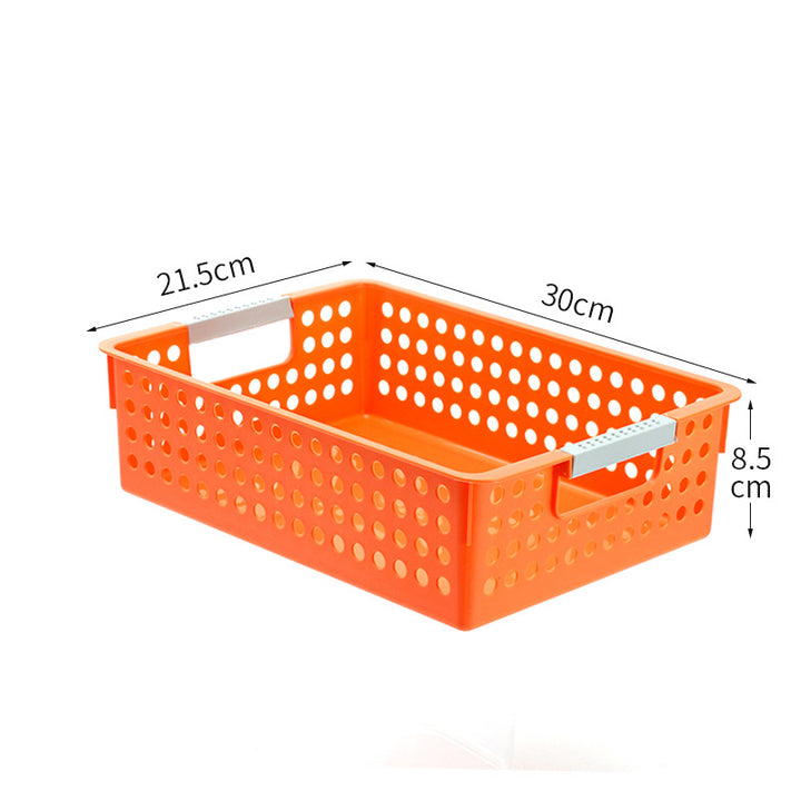 Flat plastic storage box with perforated side wall and grip recesses