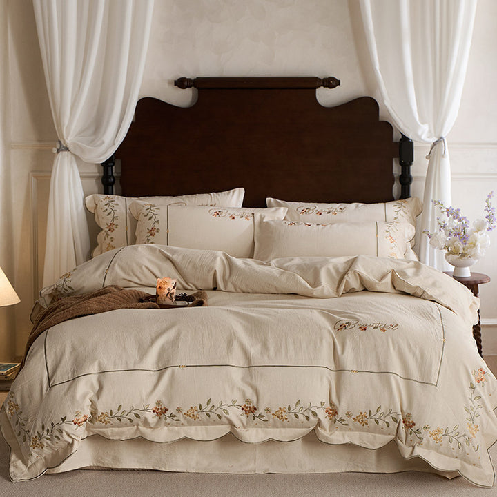 Embroidered Scalloped-Edge Cotton-Linen Blend Duvet Cover Set with Floral Vine Motif
