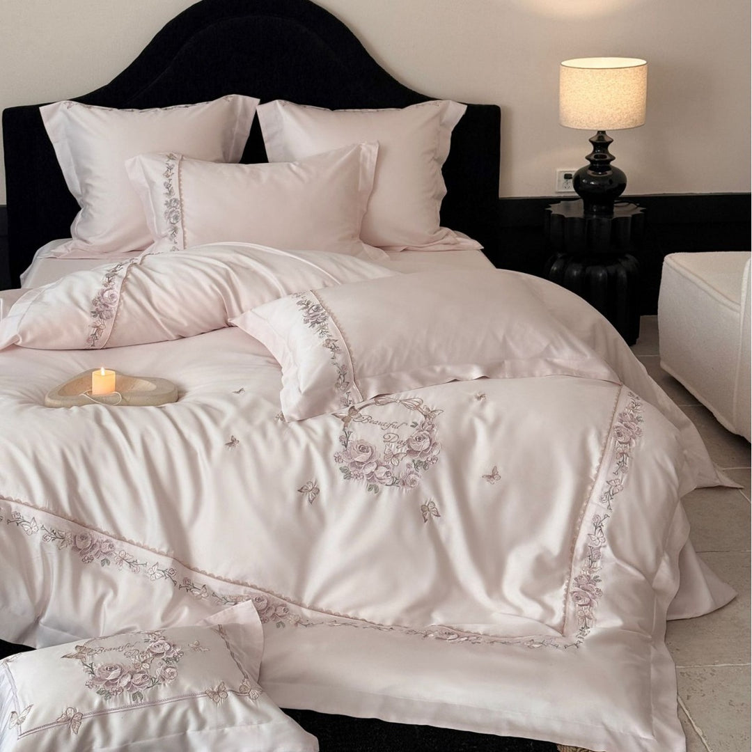 Satin bedding set with embroidered rose border and fine silk shine