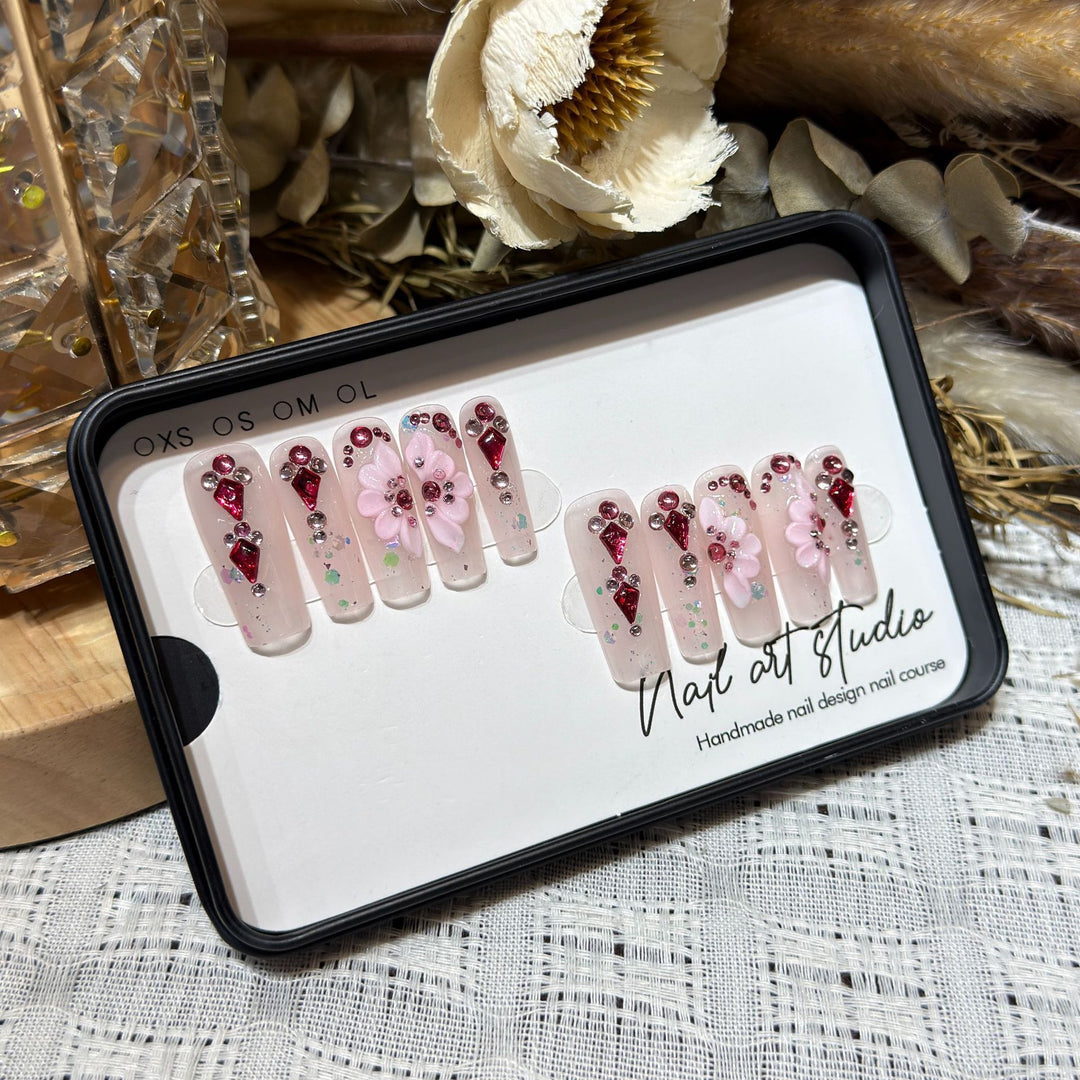 Floral-Themed Press-On Nail Set with Gemstone Accents Stornfield